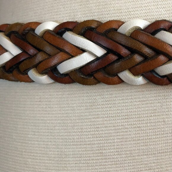 Vintage 1980's Copper Key Braided Leather Belt Size M/28 Tan Brown White Boho - Picture 2 of 14
